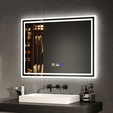 EMKE LED Badezimmerspiegel mit Anti Beschlag 60x80cm Bewegungssensor 3 Lichtfarben Dimmbar Doppel Satinierter Rand