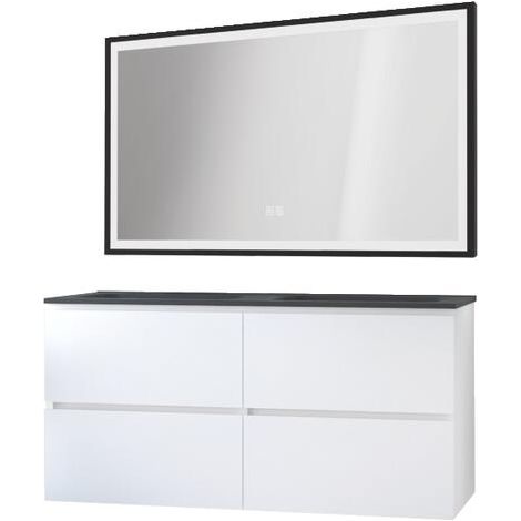 ONDEE - Mueble de baño TRENDY - 120 cm - Blanco mate - 2 Cajones - Tapa negra + espejo SELENA