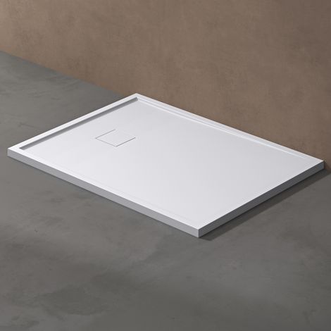doporro Duschtasse Duschwanne 90x120x5 flach Mineralguss in Weiß inkl. Ablaufgarnitur AL06 DIN-Anschlüsse für bodenebene Montage geeignet Geoma08