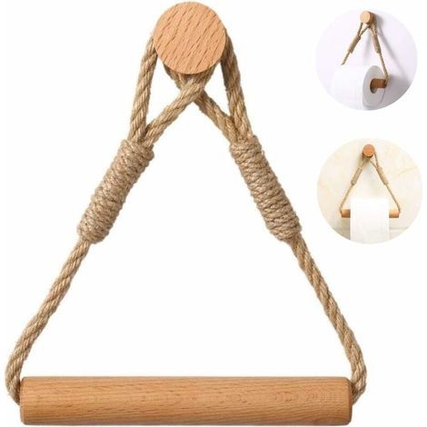 Porte Papier Toilette Auto-adhésif, Porte Rouleau Papier WC sans Percage, Support de Rouleau de Serviette Toilette Corde en Bois Anneau De Serviette Rustic, Salle de Bain Accessoires - Marron (1/5)