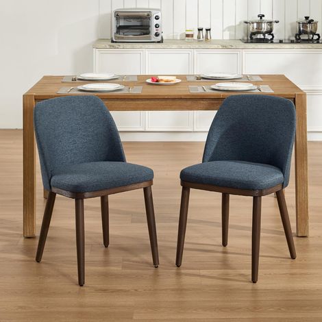 Wahson Juego de 2 Sillas de Comedor de Lino con Patas de Madera, Silla Tapizada Estilo Contemporáneo con Respaldo, Azul