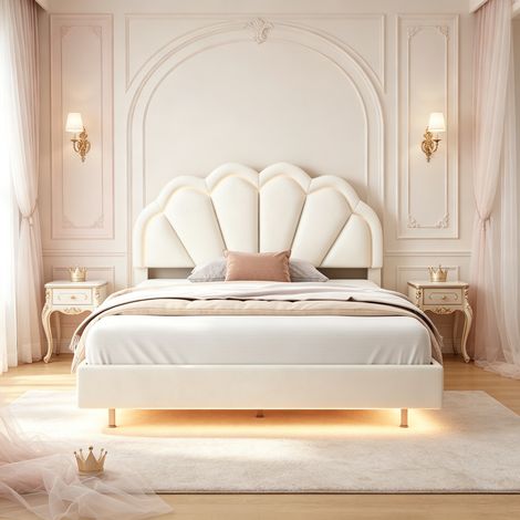 Lit capitonné double 140x200 cm, Lit enfant140x200cm,design flottant moderne,tête de lit coquillage avec éclairage LED, revêtement velours,sommier à lattes bois solide,Beige (1/5)