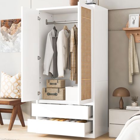 Armoire de chambre 2 portes, 90x50x170 cm, Penderie en cannage rotin avec 2 tiroirs et tringle, bohème et scandinave, pour dressing, Blanc (1/5)