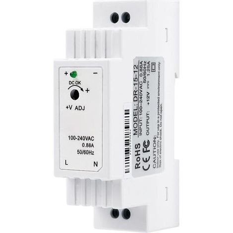 12V DIN rail power supply, 15W 1.25A DIN rail transformer, AC input 100V–240V, DC output 12V, switch-mode power supply for industrial automation DR-15-12 (1/5)