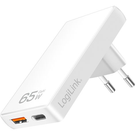 Cargador LogiLink GaN de 65 W, plano y delgado de 1,4 cm, USB-C PD y USB-A para portátil.