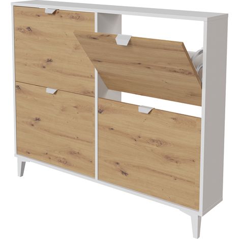 Meuble à chaussures, commode à chaussures coloris blanc, chêne - Hauteur 97 x Longueur 116 x profondeur 20 cm (1/2)
