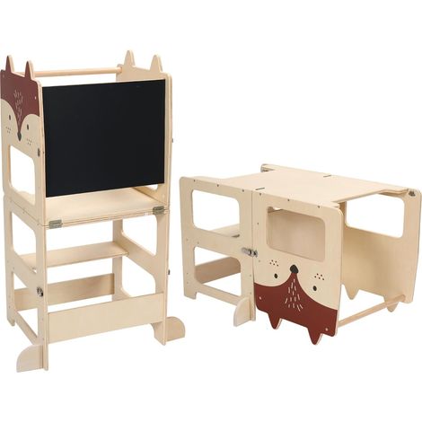 ® Tour d'apprentissage Enfant,Tour d'apprentissage tableau à craie tabouret bureau 3 en 1,Tour Bébé,87x42x38.5cm,Motif renard (1/5)