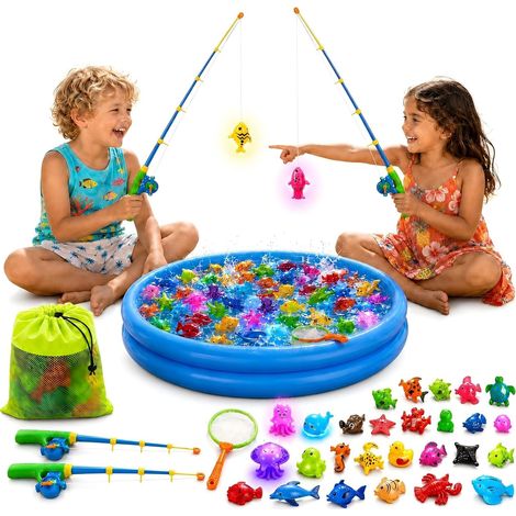 XXL-Magnet-Angelspiel mit 5 leuchtenden LED-Fischen – Wasserspielzeug-Set für 2 Spieler inklusive Planschbecken – Nachts in Pool und Garten – Sommergeschenk für Kinder von 3–5 Jahren (1/5)