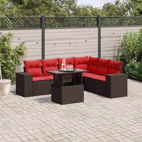 7-teiliges Gartensofa-Set mit Kissen, braun, Polyrattan