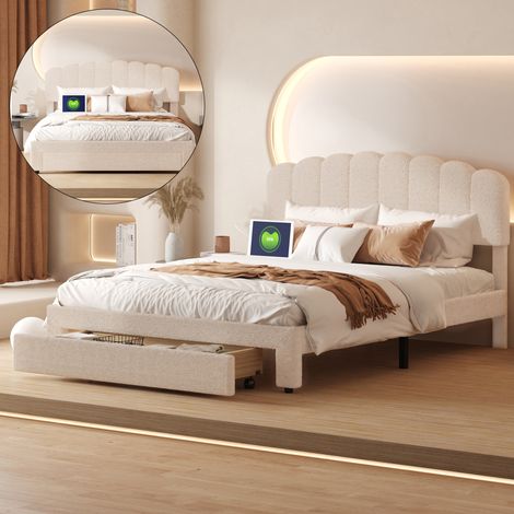 BSMGSGN-Lit Rembourré 160x200 cm avec Sommier à Lattes, Tiroir de Rangement, Tête de Lit Réglable, Prise USB & Type-C, Cadre de Lit Double Bois Métal, Teddy Velours Beige, sans Matelas (1/5)