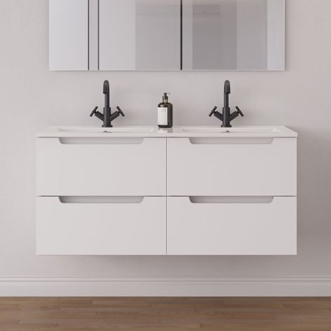Meuble de salle de bain 120cm double vasque - 4 tiroirs - sans miroir - blanc mat - SONRIZA (1/5)