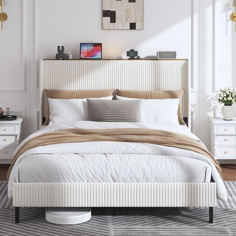 Lit rembourré-tête tissu-bords arrondis-antidérapant-silencieux-lattes métal-sans sommier tapissier-165x210x120cm-Sans Matelas (1/5)
