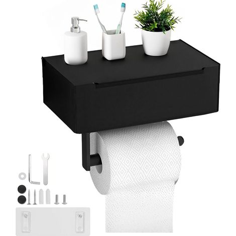 Porte Papier Toilette Murale sans Perçage avec Rangement pour Lingettes Humides, 2-en-1 en Acier Inoxydable Noir Mat – Fixation par Adhésif ou Vis – pour Salle de Bain, Cuisine, WC (1/5)