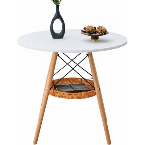 ELVMI Esstisch für 2 bis 4 Personen mit geflochtenem Aufbewahrungskorb, aus MDF und Massivholz, Weiß und Holz, 80 cm (1/5)