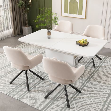 DESMIU Table de salle à manger extensible avec rangement et 4 chaises, pour salle à manger, beige (1/5)