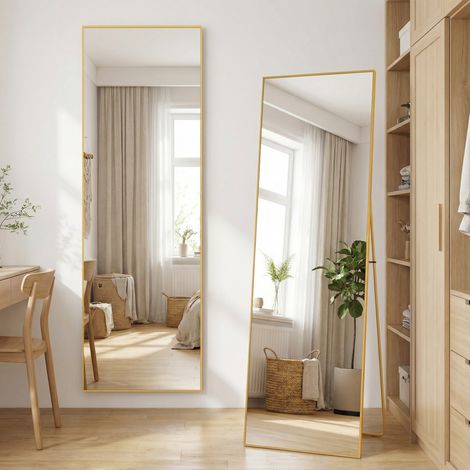 Specchio da Terra Design 164x54 cm - Grande Specchio Rettangolare a Parete o Autoportante con Cornice in Alluminio Antiesplosione - Oro