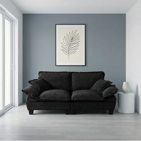 Canapé 2 places en chenille noire avec accoudoirs incurvés, 194x82x90 cm (1/5)