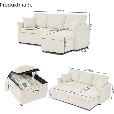 Canapé d'angle convertible en lit avec rangement, canapé-lit pratique avec espace de rangement, montage possible des deux côtés, canapé en L en chenille beige pour salon ou chambre d'amis (1/5)