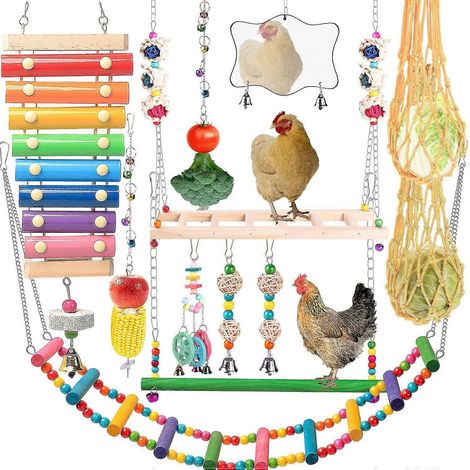 Jouets pour poules pour poulailler (lot de 7) : xylophone pour poules, balançoire pour poules, miroir pour poules, échelle flexible pour poules, sac à légumes en ficelle et H (1/5)