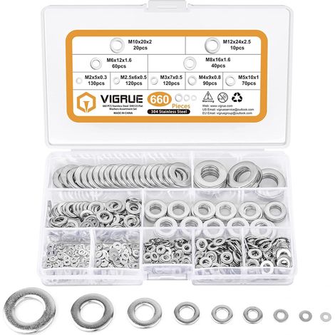 660 Pieces Flat Washers, Washers 9 Sizes M2 M2.5 M3 M4 M5 M6 M8 M10 M12 Stainless Steel Flat Washers and Lock Washers Washer Assortment (1/5)