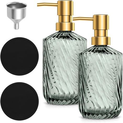 Distributeurs de savon en verre 450 ml avec 2 dessous de verre noirs et 1 entonnoir - Distributeur de savon rechargeable pour cuisine et salle de bain - Vert,2PCS
