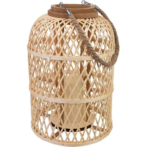 Farol bambú y madera con asa de cuerda y vela a pilas D27,5x39,5h cm