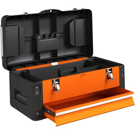 Boîte à outils vide acier orange 49,7x25,3x23 cm avec tiroir et poignée portable, rangement atelier pratique (1/5)