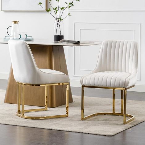 Esszimmerstühle 2er Set Samt Weiß, Moderne Polsterstühle mit goldenen Metallbeinen (1/5)