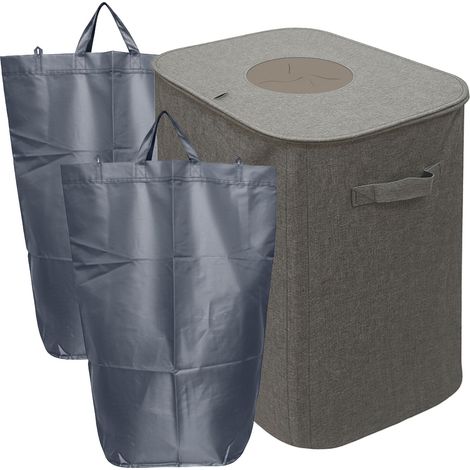 Relaxdays Pfandflaschen Sammelbehälter, 100 L, 2 Tragetaschen, abwischbar, Recycling, Flaschensammler für Leergut, grau