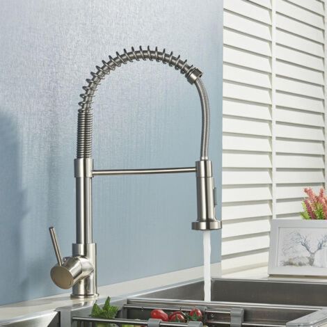 Robinet de cuisine mitigeur extractible 2 jets 360° Acier inoxydable Hauteur 44 cm Douchette pivotante Connexion G1/2 (1/5)