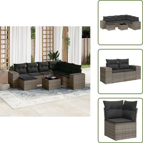 8-tlg. Garten-Sofagarnitur mit Kissen Grau Poly Rattan - Gartenmöbelset - Esstischgarnitur - Outdoor Möbel - Lounge Set - Rattan Gartenmöbel (1/5)