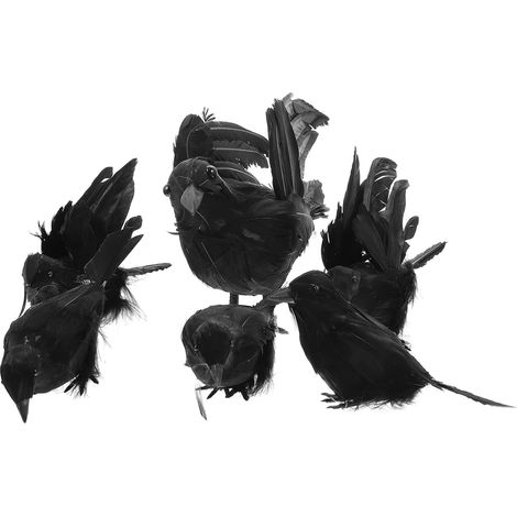 Lot de 6 Corbeaux Noirs en Plastique et Plume pour Décoration Halloween Intérieure et Extérieure, Ornement Réaliste pour Fête Effrayante (1/5)