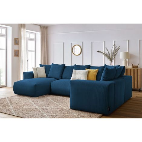 BOBOCHIC - Canapé panoramique fixe modulable VOLTAIRE 1 méridienne, 1 chauffeuse 2 place, 1 angle, 1 chauffeuse 1 place Angle gauche Bleu foncé (1/5)