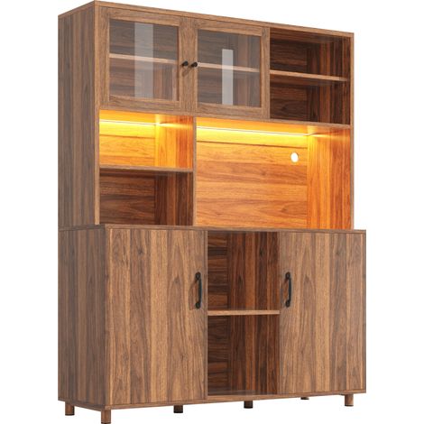Armoire haute avec éclairage LED et portes coulissantes en verre trempé, MDF noyer 140×40×185 cm (1/5)