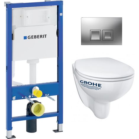 Pack Bati-support Geberit UP100 + Plaque Delta50 chrome + Cuvette Grohe BauClassic suspendue sans bride (BauClassicGeb2)