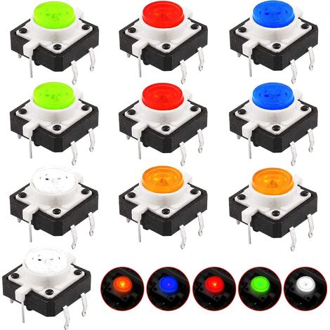 10 Pièces Mini Micro LED Interrupteurs à Bouton-poussoir Tactiles Momentané Miniature Momentary Tactile Tact Touch Commutateur à Bouton-Poussoir (12 12 7mm) (1/5)