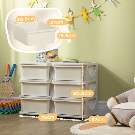 Une commode à 6 tiroirs aux coins arrondis, en PP blanc crème, adaptée aux enfants de 3 à 6 ans, mesurant 75 x 37 x 56,5 cm. (1/5)