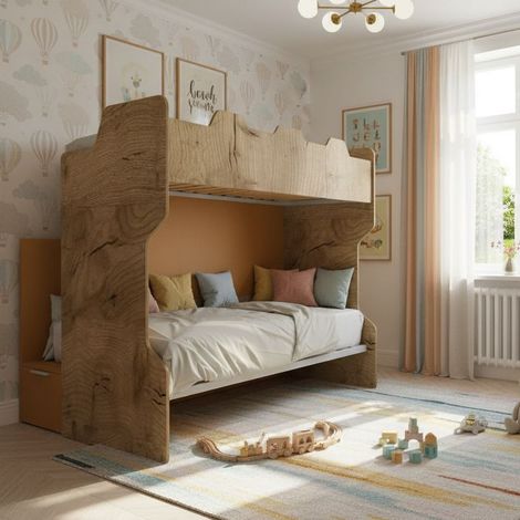 Letto a castello con scala contenitore e terzo letto estraibile - Cameretta salvaspazio - Quercia e zolfo