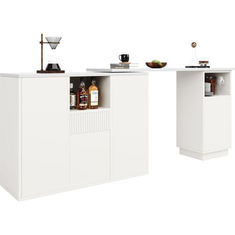 Mobile Bar Girevole a 360° con Vani Aperti e Chiusi, Piano Effetto Marmo, in MDF, 210x30x100,9 cm, Bianco (1/5)