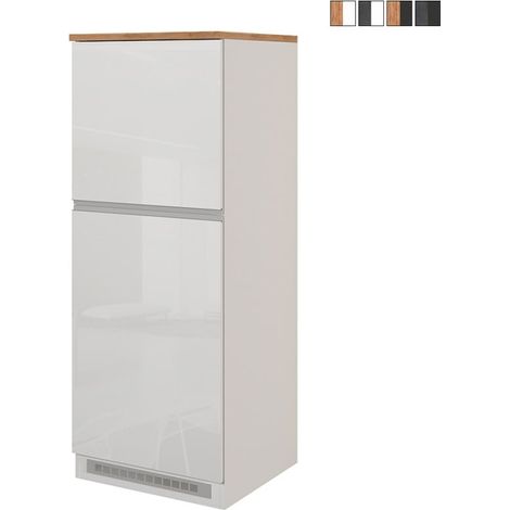 Armoire cache-frigo encastrable 2 portes rangement cuisine 60x60x164,5h Halser - Blanc - Chêne (1/5)