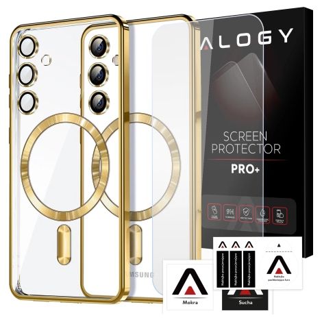 Custodia Alogy LuxeShield™️ Glamour Luxury Ring MagSafe con copertura per fotocamera, colore oro e vetro temperato per Samsung Galaxy S24 FE. (1/4)
