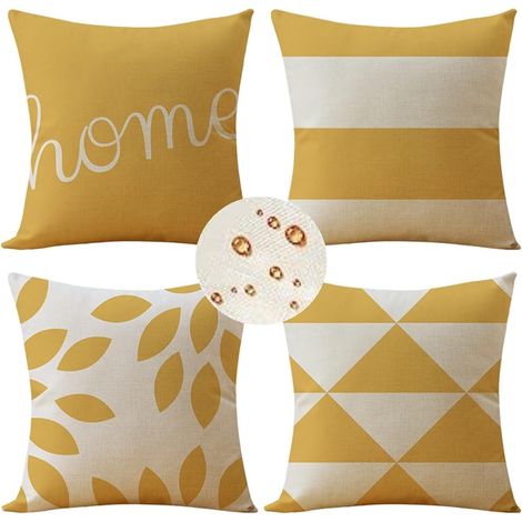 Extérieur Housses de Coussin 40x40 cm Lot de 4 Housse Coussin jaune Housse Coussin Canapé Bande Coussin Extérieur Imperméable Lin Coussin Canapé Carré Decoratif pour Chambre Canapé Chaise Lit Jardin (1/5)