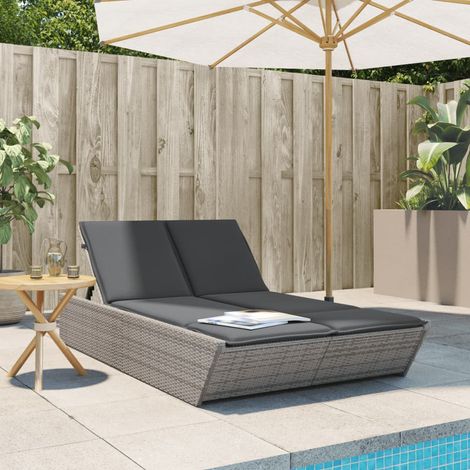 vidaXL Lettino Prendisole Doppio con Cuscini Grigio in Polyrattan