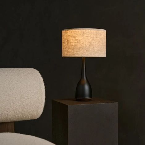 Lampe de Table à Poser en Bois d'Hévéa avec Abat-Jour en Lin Beige E27 47 x 28 cm - PANGIVO (1/5)