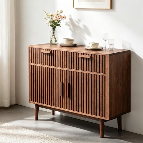 Buffet en noyer massif – vitrine – bois massif – très grand espace de rangement – design nordique (1/5)