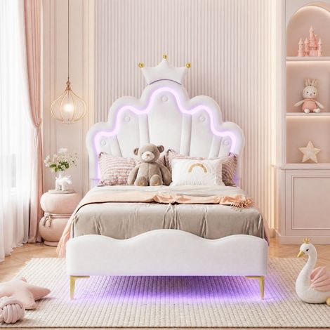 Letto singolo per bambini 90x200 cm, con luce LED regolabile, in similpelle PU bianco, rete a doghe, senza materasso (1/5)