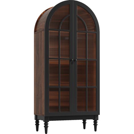 ELVMI Hohe Vitrine mit Glastueren fuer Kueche und Wohnzimmer aus MDF 76 x 35.5 x 165 cm Schwarz (1/5)