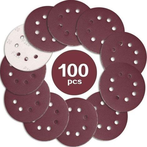 Disques abrasifs pour ponceuse excentrique – 100 unités, diamètre 125 mm, grain 320, papier abrasif perforé 8 trous (1/2)