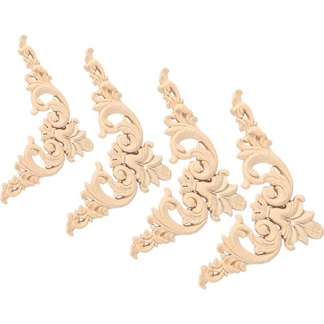 Applique coin sculptée en bois d'hévéa, ornement fleur pour meuble, lot de 4, non peinte, 12x12 cm, décoration bois brut (1/5)