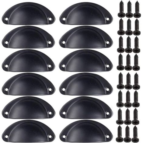 Decorative Retro Door Knob, Furniture Drawer Handle, Vintage Shell Handle for Drawers, Kitchen Cabinets, Retro Curved Iron Cabinet Door Knob (12 Pieces), Black